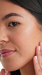 Beauty, inspection and touch with woman in studio for skincare, self care and aesthetic. Dermatology, glow treatment and shine with female person on white background for grooming and hydration