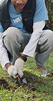 Hands, volunteer and gardening with fertilizer in nature for earth day, soil restoration and eco friendly. Man, gloves and dirt for organic compost, sustainable environment and social responsibility