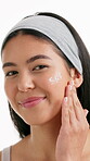 Sunscreen, skincare and face of woman in studio for beauty, lotion self care and dermatology glow. Aesthetic, shine and spf protection with female person on white background for uv cream and clean