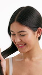 Inspection, beauty and hair with woman in studio for self care, growth and smile. Keratin treatment, shine and repair with person on white background for elasticity, check and healthy texture