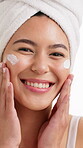 Skincare, face and cream with woman in studio for beauty, self care and aesthetic. Dermatology, glow treatment and shine with female person on white background for cosmetics, lotion and hydration