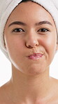 Dental, mouthwash and face of woman in studio for oral hygiene, fresh breath and morning routine. Cavity prevention, gum health treatment and cleaning teeth with portrait of person on white background