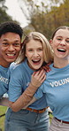 Happy people, face and volunteer with team in park for community service or outreach together. Portrait, NGO or group of friends with smile or hug for support, charity or humanitarian aid in nature