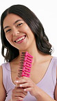 Happy woman, face and singing with hair brush in studio for salon or grooming on a white background. Portrait, female person or haircare with smile, dance or fun karaoke for wavy, curly or style