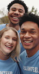 Happy people, face or volunteer with team for selfie, photography or outreach together in nature. Portrait, NGO or group with smile, capture moment or picture for community service or charity in park