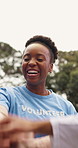 Applause, laughing and stack of hands with volunteer team outdoor for donation success. Charity, motivation and support with group of funny people in park together for community goals or target