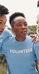 Huddle, mission and talking with volunteer team outdoor together for motivation or planning. Circle, conversation and serious with group of people in park for charity, community outreach or ngo