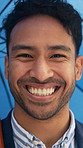 Laughing, face and businessman with umbrella, outdoor and   confident with legal career development. Happy, lawyer and person with pride for job opportunity, justice and rain protection in Malaysia