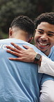 Greeting, handshake or volunteers in park with hug, support or appreciation in relief campaign. Happiness, love or people outdoor with embrace, friendship connection or thank you in charity project.