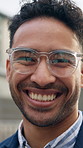 Optometry, face or businessman in town with glasses, optical lenses or prescription results for vision. Healthcare, laugh or employee with happiness, eye wellness or eyewear choice in ocular care.