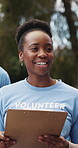 Smile, woman and volunteer with clipboard outdoor for food drive, donation inventory and charity event. Person, talking or checklist for resources, social responsibility and planning for distribution
