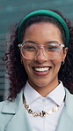 Optometry, face or businesswoman in city with glasses, optical lenses or prescription results for vision. Healthcare, laugh or employee with happiness, eye wellness or eyewear choice in ocular care.