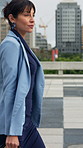 Thinking, commute or woman in town with walk, mindfulness or morning travel in work routine. Mindset, urban or mature person outdoor with stroll, employee journey or ambition at start of day.
