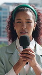 Reporter, face and woman with mic in city for live television, breaking news and story update. Journalism, anchor POV and announcement outdoor for public relations, global headline or media broadcast
