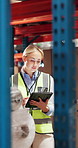 Logistics, woman and scroll in warehouse with tablet, email report or compliance for quality control. Person, typing and check website in depot with tech, inventory management or update for shipping.