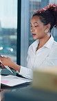 Business, woman and talking with document in office for planning, legal advice and case file. Person, attorney and discussion with folder for evidence, witness statement and testimony for lawsuit