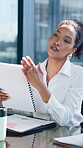 Business, woman and meeting with document in office for planning, legal advice and court case. Person, attorney and discussion with folder for evidence, witness statement and testimony for lawsuit