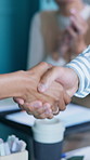 Business people, handshake and agreement for negotiation, deal or legal settlement in law firm. Applause, partnership and support with partner in crisis resolution, court case or mediation process