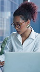 Businesswoman, reading and notebook in office with laptop, HR administration or update calendar agenda. Human resources worker, person and plan schedule in workplace with diary, computer and glasses.