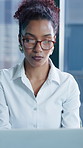 Businesswoman, reading or planning in office with laptop, HR administration or update calendar agenda. Human resources worker, person and check schedule in workplace with computer, glasses or website