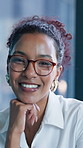Marketing, face or woman in office with glasses, laugh or ambition in advertisement industry. Confidence, happiness or creative director with specs, about us or experience in brand development.