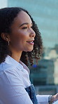 City, talking and business woman in meeting for real estate, property listing or sale with tablet. Planning, tech and happy realtor outdoor for development, price negotiation or commercial investment