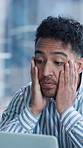 Stress, laptop and businessman in office with mistake, burnout or fatigue for finance report deadline. Computer, brain fog and male financial manager with exhaustion for investment proposal error.
