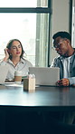 Business people, laptop and meeting in office with discussion, task delegation and planning. Project management, conversation and team brainstorming for proposal, deal or development for training
