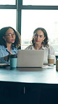 Women, laptop and business team in office with meeting, task delegation and planning. Project management, conversation and brainstorming discussion for proposal, deal or development for training