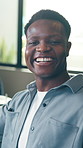 Marketing, face or black man in office with smile, pride or ambition in advertisement industry. Confidence, laugh or brand director in agency with portrait, about us or experience as campaign planner