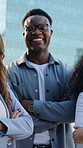 Arms crossed, face and laughing with outdoor designer people in city for about us or collaboration. Confidence, design and funny with happy employee group downtown for ambition or team building