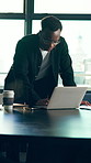 Marketing, research or black man in office with laptop, media monitor or consumer insight for proposal. Digital, typing or brand clerk with tech, trend review or creative idea for advertisement pitch