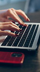 Marketing, research or hands in office with keyboard, media report or consumer insight for proposal. Typing, woman or brand clerk with laptop, trend review or creative feedback on advertisement pitch
