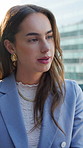 City, planning and business woman in meeting for real estate, property listing or price negotiation. Talking, feedback and realtor outdoor for development deal, sale and commercial investment