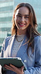 Face, tablet and woman in city for business, real estate development and about us in town. Portrait, realtor and person with tech outdoor, property investment and happy professional with pride
