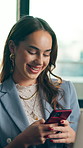 Phone, scroll and smile with business woman in office for social media post, texting or update. App, communication and research with happy accountant in workplace for budget, finance or investment