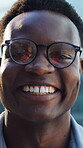 Face, outdoor or business man with smile in city, property development industry or pride for opportunity. Portrait, laugh and black person with confidence for urban planning, smile and real estate