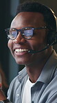 Headset, smile and support with man in call center for feedback, help or review as virtual assistant. Communication, customer service and laughing with happy employee in office for problem solving