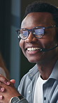 Headset, laughing and support with man in call center for feedback, help or review as virtual assistant. Communication, customer service and smile with happy employee in office for problem solving