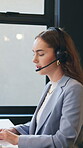 Call center, headset or woman in firm with tech, contact us or investment advice in crm service. Assistance, mic or finance consultant with computer, online banking or faq feedback in loan support.