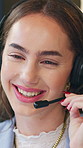 Call center, help or woman in office with headset, contact us or investment advice in crm service. Assistance, smile or finance consultant with mic, online banking or faq feedback in loan support.