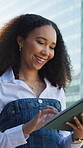 City, smile and tablet with designer woman on rooftop for planning, review or scrolling. App, design and walking with happy employee outdoor in urban town for agenda, online calendar or schedule