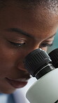 Microscope, doctor and science with black woman in laboratory for research, disease cure and dna. Medical sample, microbiology review and vaccine trial with person in clinic for healthcare study