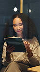 Research, tablet or business woman in booth at night, compliance review or scroll email. Tech, soundproof cubicle or happy consultant in workplace for policy regulation feedback, overtime or privacy