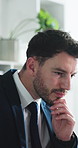 Thinking, research and businessman in office with planning for finance report for company budget. Professional, reading and male financial manager with ideas for investment proposal in workplace.