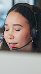 Call center, headset or woman in office with computer, contact us or investment advice in crm service. Help, tech or finance consultant with mic, online banking or friendly feedback in loan support.