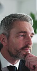 Business, man and reading with thinking in office for finance report, internal audit and accounting. Accountant, mature person and budget review at firm for tax compliance, risk assessment or insight