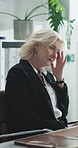 Mature, woman or lawyer with headache or stress for mistake, lost case or bad testimony in office. Frustrated, female person or attorney with migraine or laptop for difficult task or legal challenges