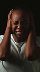 Scared, alone and woman with anxiety, stress and mental health for sad memories of emotional abuse. Studio, fear and upset African person with depression, ptsd or remember trauma on black background.
