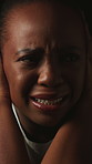 Fear, alone and woman with anxiety, stress and mental health for sad memories of emotional abuse. Scared, victim and paranoid black person with depression, ptsd or overwhelmed with sorrow for trauma.